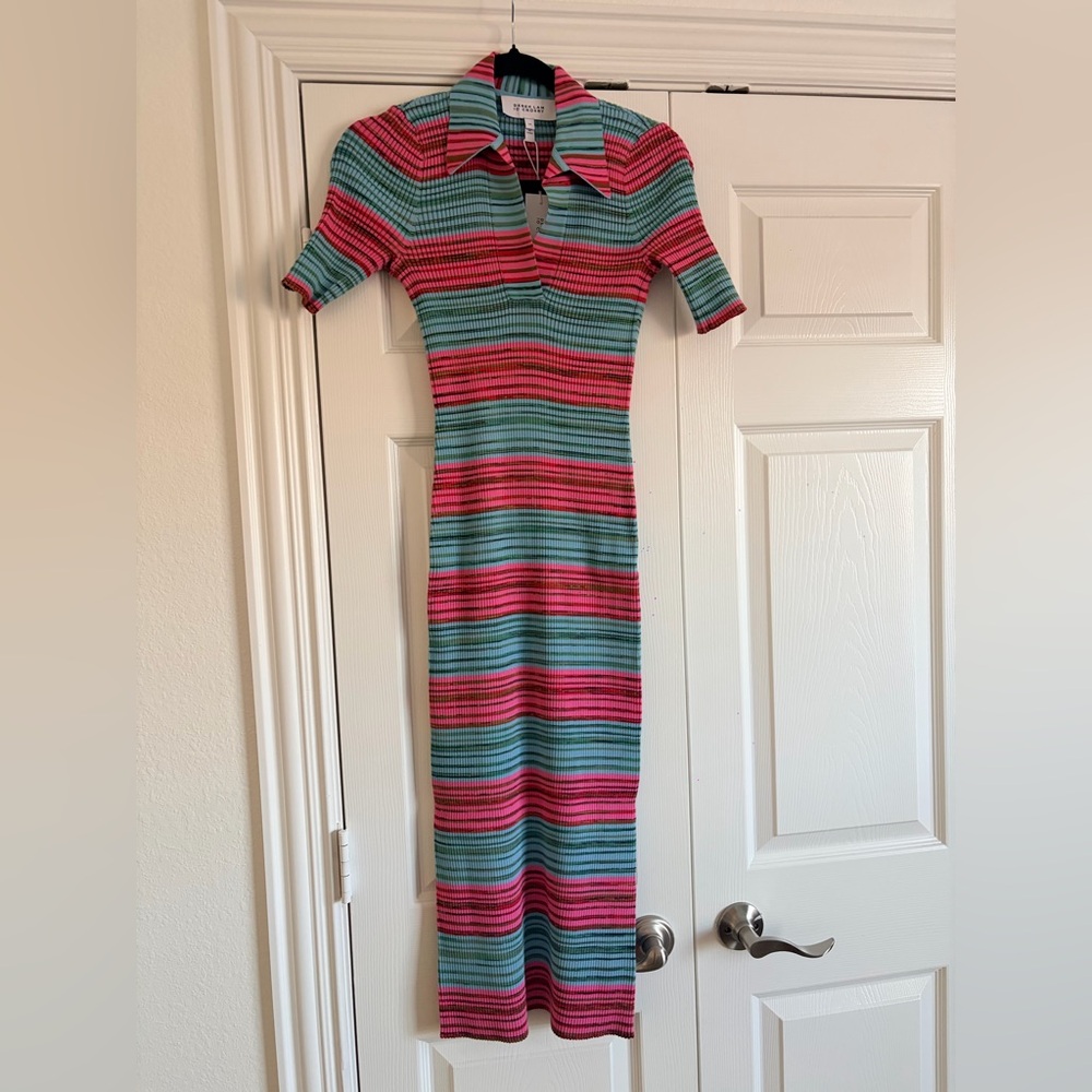 Derek Lam Pink and Teal Ribbed Maxi Polo Dress